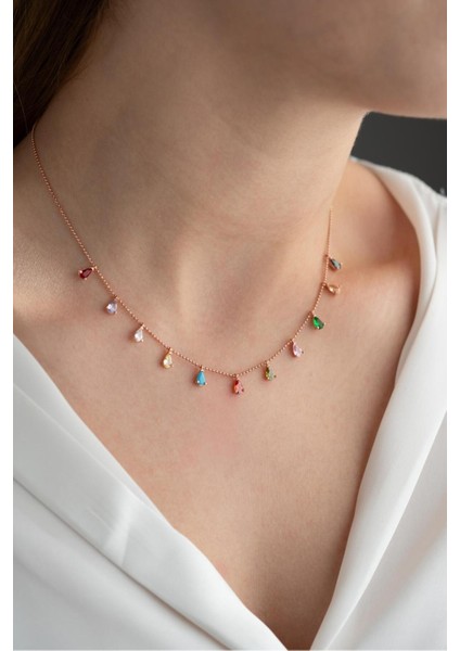 925 Ayar Gümüş Sıralı Damla Mix Taşlı Kadın Gümüş Kolye modelleri