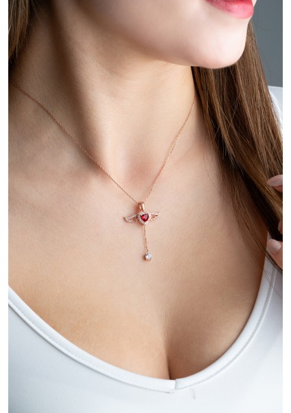 925 Ayar Gümüş Melek Kanatlı Hareketli Kırmızı Taşlı Kolye modelleri