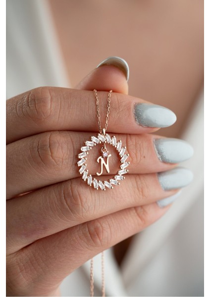 925 Ayar Gümüş Rose Kaplama Baget Taşlı Halka Model N Harfi Kolye fiyatları