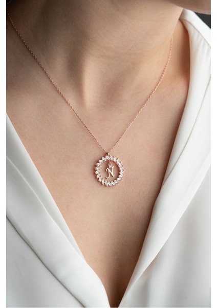 925 Ayar Gümüş Rose Kaplama Baget Taşlı Halka Model N Harfi Kolye modelleri