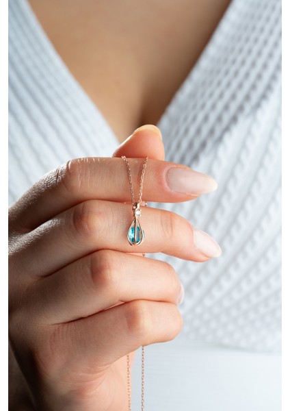 925 Ayar Gümüş Rose Kaplama Balon Içinde Aquamarine Taşlı Kolye