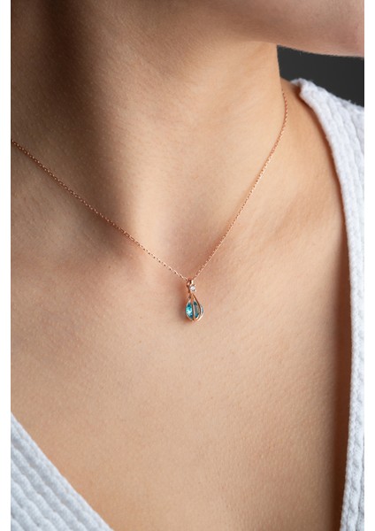 925 Ayar Gümüş Rose Kaplama Balon Içinde Aquamarine Taşlı Kolye modelleri