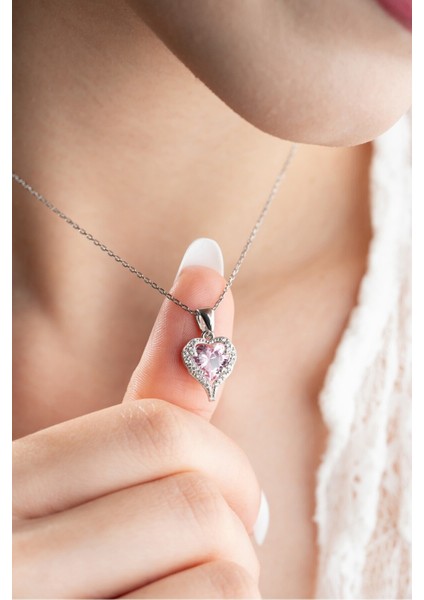 925 Ayar Gümüş Rodyum Kaplama Pembe Taşlı Kalp Kolye fiyatları