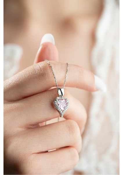 925 Ayar Gümüş Rodyum Kaplama Pembe Taşlı Kalp Kolye modelleri