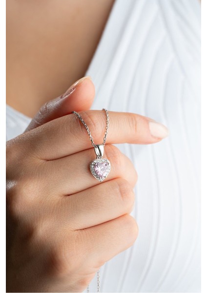 925 Ayar Gümüş Kalp Model Pembe Taşlı Kadın Kolye