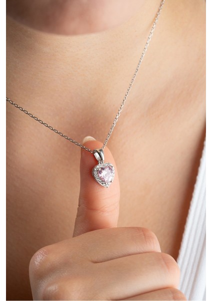 925 Ayar Gümüş Kalp Model Pembe Taşlı Kadın Kolye fiyatları