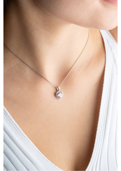 925 Ayar Gümüş Kalp Model Pembe Taşlı Kadın Kolye modelleri