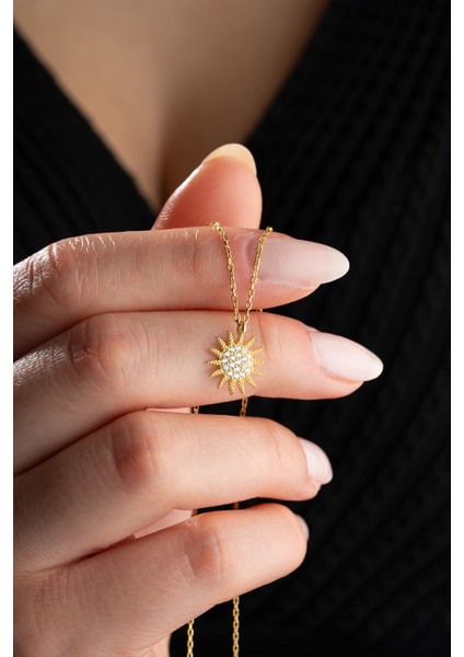 925 Ayar Gümüş Gold Kaplama Güneş Model Kolye