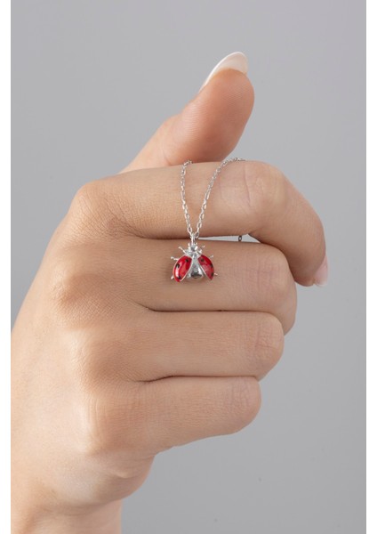 925 Ayar Kadın Mineli Kırmızı Uğur Böceği Gümüş Kolye