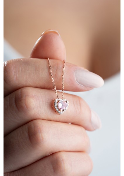 925 Ayar Gümüş Kalp Model Pembe Taşlı Kolye