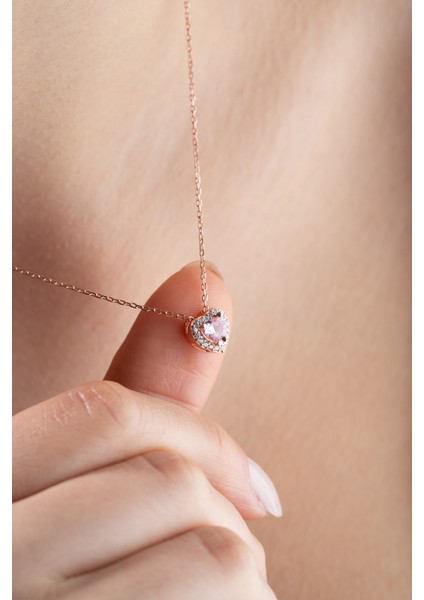 925 Ayar Gümüş Kalp Model Pembe Taşlı Kolye fiyatları