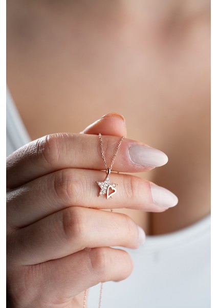 925 Ayar Gümüş Rose Kaplama Yıldız Kalp Kolye