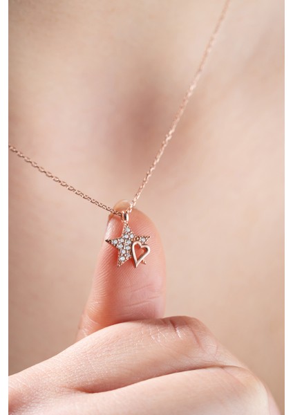 925 Ayar Gümüş Rose Kaplama Yıldız Kalp Kolye fiyatları