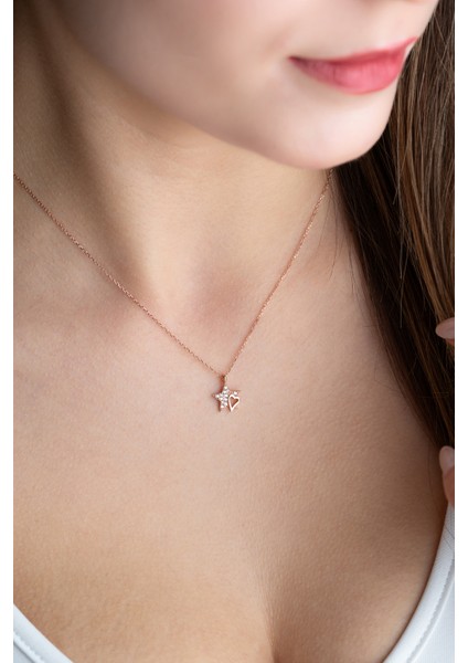 925 Ayar Gümüş Rose Kaplama Yıldız Kalp Kolye modelleri