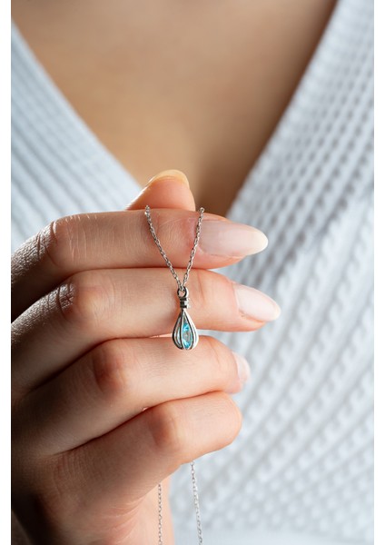 925 Ayar Gümüş Rodyum Kaplama Balon Içinde Aqumarin Taşlı Kolye