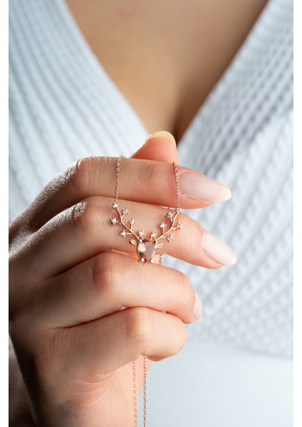 925 Ayar Gümüş Rose Kaplama Geyik Başı Zultanite Taşlı Kolye