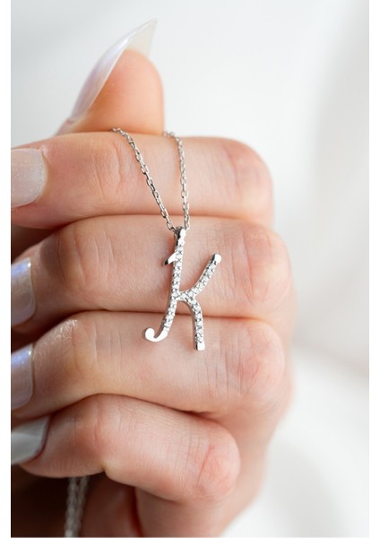 925 Ayar Gümüş Rodyum Kaplama K Harfi Kadın Kolye
