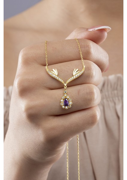 925 Ayar Gümüş Zümrüt Taşlı Gold Damla Model Kadın Kolye