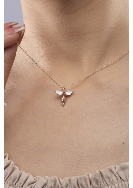 925 Ayar Gümüş Beyaz Kanatlı Melek Model Kadın Kolye