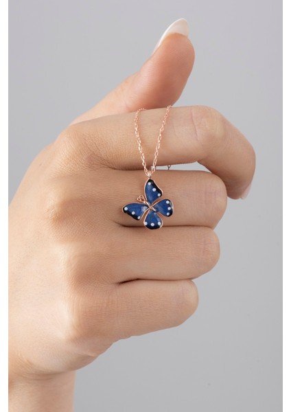 925 Ayar Gümüş Mavi Mineli Kelebek Kolye Kadın