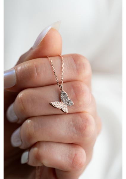 925 Ayar Rose Kaplama Minik Beyaz Kelebek Kolye Kadın Gümüş Kolye