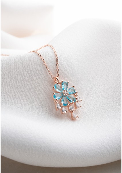 925 Ayar Gümüş Sallantılı Model Aquamarin Taşlı Çiçek Kolye fiyatları