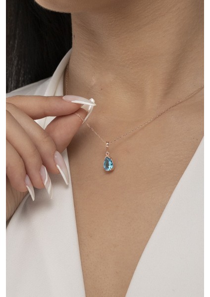 925 Ayar Gümüş Aquamarin Taşlı Damla Model Kadın Kolye