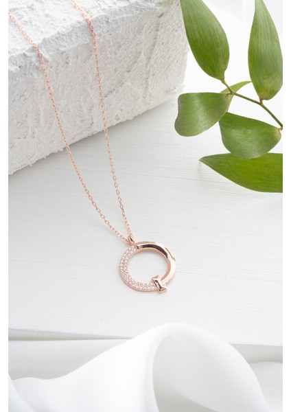 925 Ayar Gümüş Rose Kaplama Yuvarlak Model Taşlı Kolye fiyatları