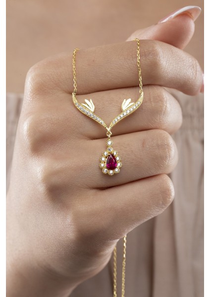 925 Ayar Gümüş Zümrüt Taşlı Gold Damla Model Kadın Kolye