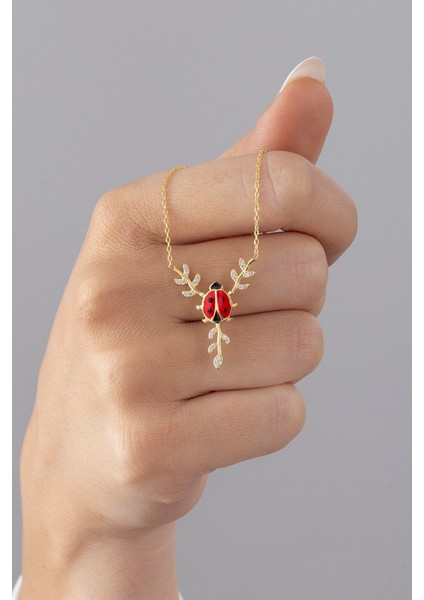 925 Ayar Gümüş Gold Kelebek Kırmızı Mineli Uğur Böceği Kadın Kolye