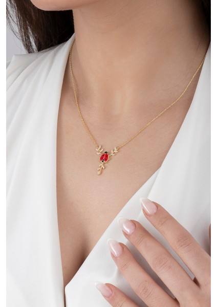 925 Ayar Gümüş Gold Kelebek Kırmızı Mineli Uğur Böceği Kadın Kolye fiyatları