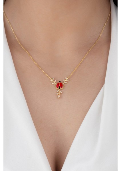 925 Ayar Gümüş Gold Kelebek Kırmızı Mineli Uğur Böceği Kadın Kolye modelleri