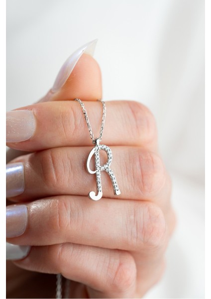 925 Ayar Gümüş Rodyum Kaplama R Harfi Kadın Kolye