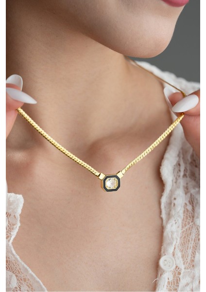 925 Ayar Gümüş Gold Kaplama Hasır Zincirli Ortası Tektaş Kolye fiyatları