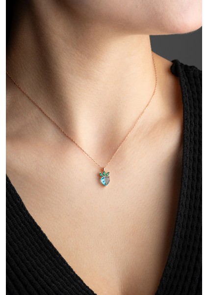 925 Ayar Gümüş Rose Kaplama Mavi Taşı Çilek Kolye fiyatları