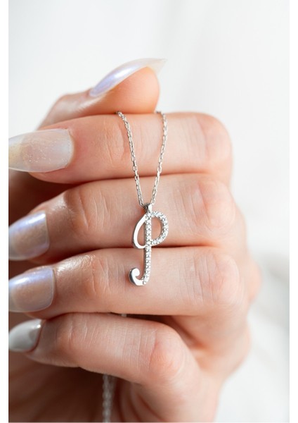 925 Ayar Gümüş Rodyum Kaplama P Harfi Kadın Kolye