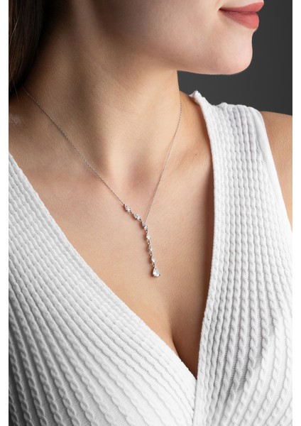 925 Ayar Gümüş Rodyum Kaplama Beyaz Sıralı Damla Taşlı Kolye modelleri