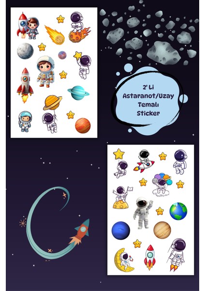 2 Sayfa Uzay Sticker, Gezegen - Astronot - Yıldız - Meteor - Uzaylı Etiket