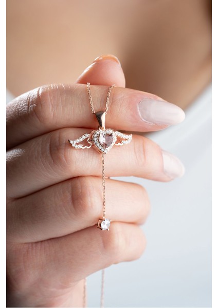 925 Ayar Gümüş Melek Kanatlı Hareketli Pembe Taşlı Kolye