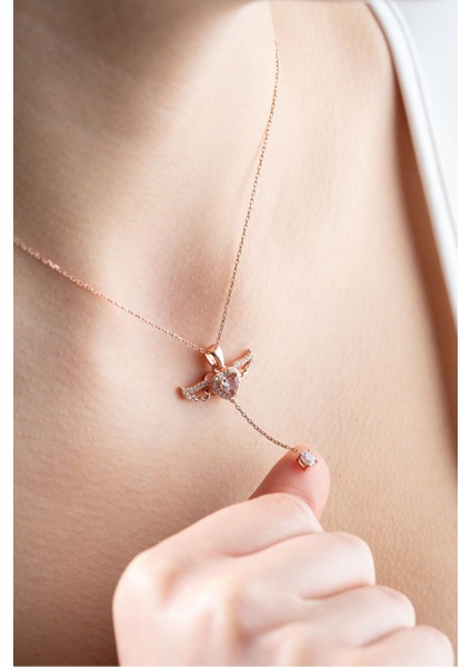 925 Ayar Gümüş Melek Kanatlı Hareketli Pembe Taşlı Kolye fiyatları