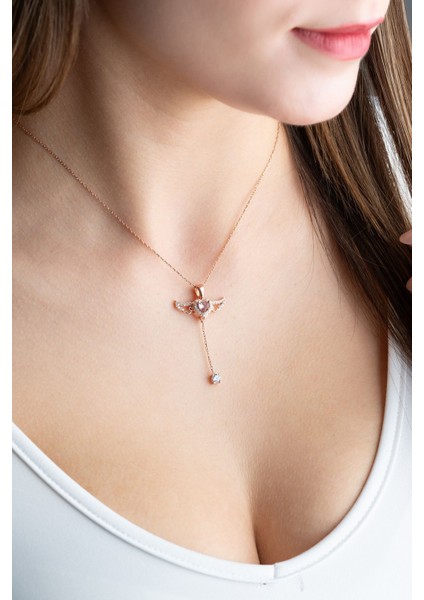 925 Ayar Gümüş Melek Kanatlı Hareketli Pembe Taşlı Kolye modelleri