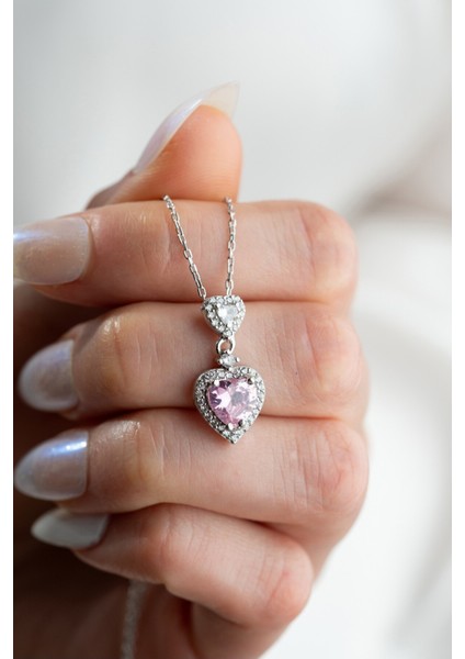 925 Ayar Gümüş Rodyum Kaplama Pembe Taşlı Çift Kalpli Kolye