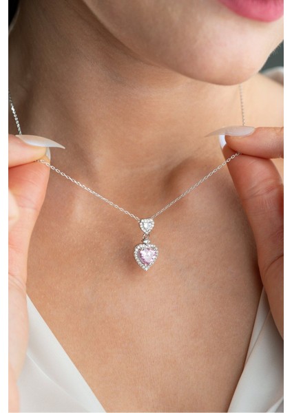 925 Ayar Gümüş Rodyum Kaplama Pembe Taşlı Çift Kalpli Kolye fiyatları