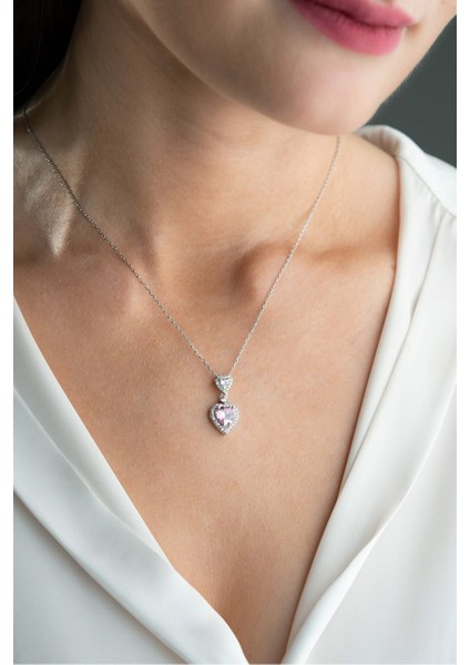 925 Ayar Gümüş Rodyum Kaplama Pembe Taşlı Çift Kalpli Kolye modelleri