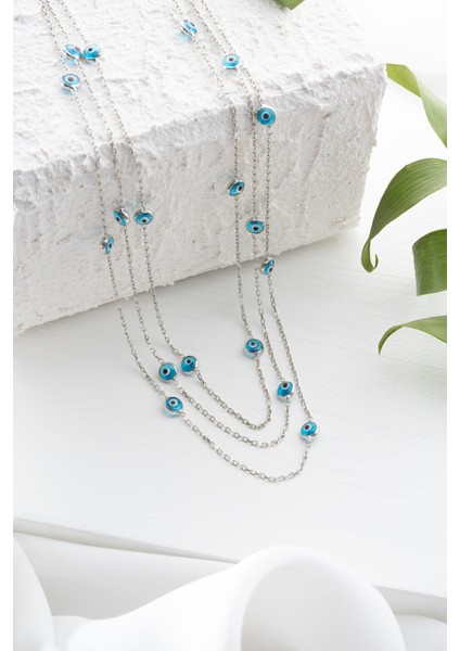 925 Ayar Gümüş Rodyum Kaplama Üçlü Nazar Model Şans Kolye modelleri