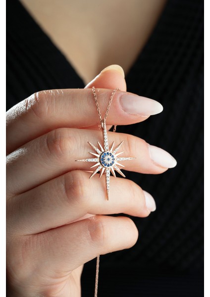 925 Ayar Gümüş Rose Kaplama Sirius Yıldızı Nazar Detaylı Kolye
