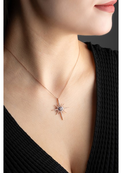 925 Ayar Gümüş Rose Kaplama Sirius Yıldızı Nazar Detaylı Kolye modelleri