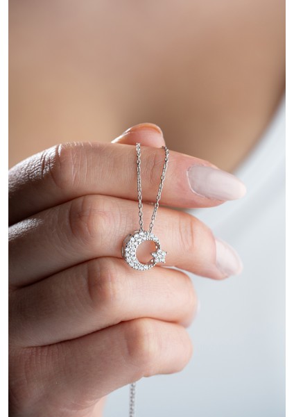 925 Ayar Gümüş Rodyumlu Ay Yıldız Kolye