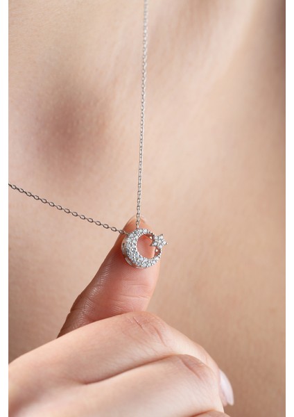 925 Ayar Gümüş Rodyumlu Ay Yıldız Kolye fiyatları