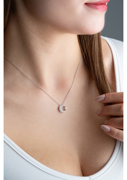 925 Ayar Gümüş Rodyumlu Ay Yıldız Kolye modelleri